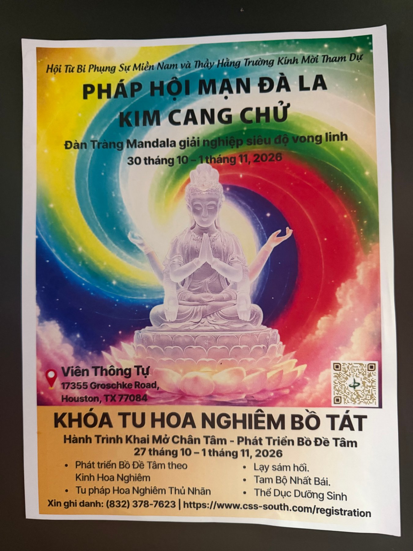 Locandina: Pháp Hội Mạn Đà La Kim Cang Chủ e Khóa Tu Hoa Nghiêm Bồ Tát, 27 ottobre – 1º novembre 2026, Viên Thông Tự, Houston