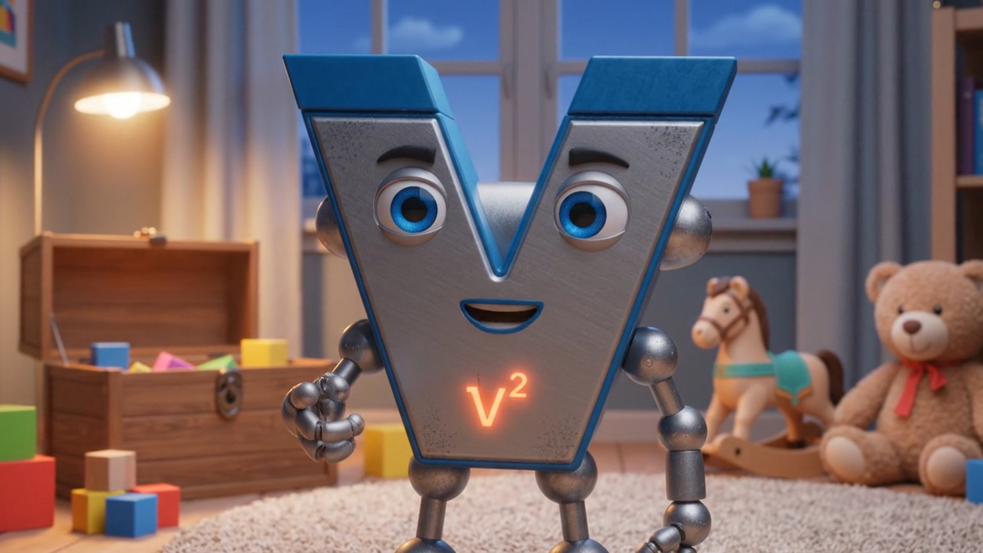 VV stands in a sunlit playroom.